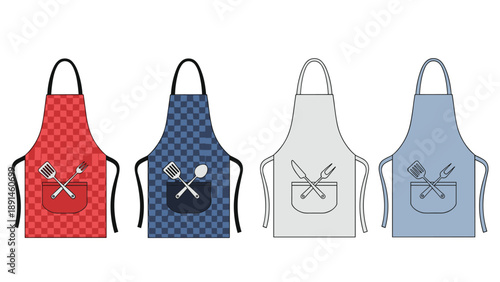 Set of four functional kitchen aprons in red checkered, blue checkered, plain white, and plain blue designs with utensil pocket graphics.