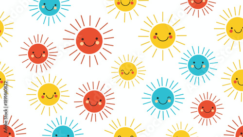 Cheerful children nursery wallpaper with a seamless pattern of happy cartoon sun characters on a plain white background.