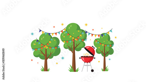 Festive outdoor barbecue scene featuring a red charcoal grill and colorful party pennants hanging between green trees.