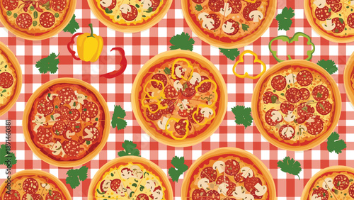 Delicious pizza pattern on a red and white checkered tablecloth featuring whole pizzas with pepperoni and herb toppings.