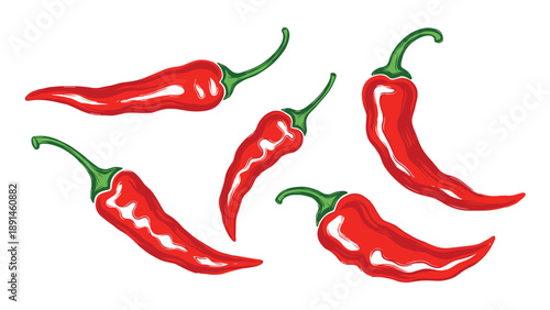 Set of five vibrant red chili peppers with green stems illustrated in a textured artistic style on a white background.