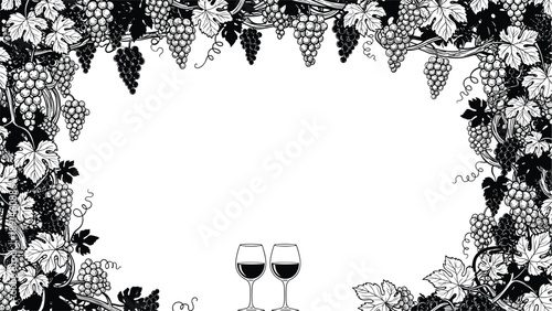 Decorative winery frame composed of detailed grapevine illustrations and two glasses of red wine at the bottom center.