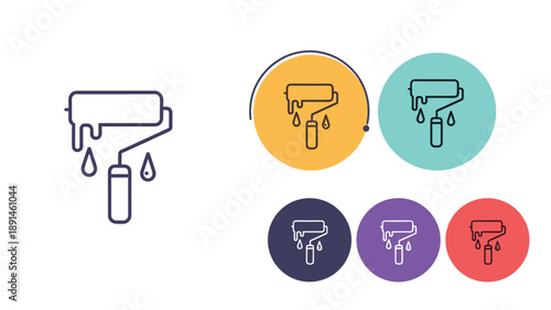 Collection of paint roller icons in yellow, teal, and red showing dripping paint for home renovation and repair work.