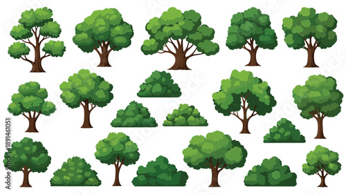 Large set of various green deciduous trees and bushes with lush foliage illustrated in a vibrant cartoon style on white.