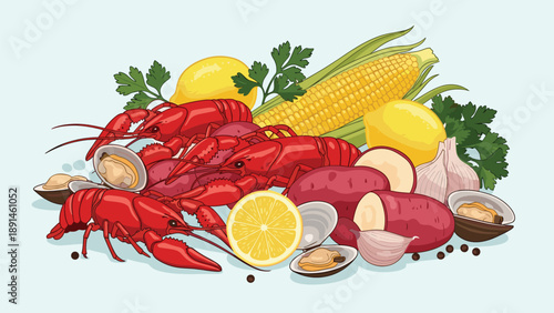 Delicious seafood boil illustration featuring red crawfish, corn on the cob, clams, potatoes, lemons, and fresh herbs.
