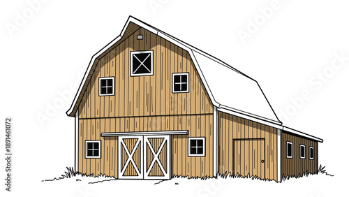 Classic brown wooden barn with white doors and a snowy roof illustrated in a clean and detailed architectural style.