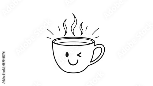 Simple line drawing of a steaming hot coffee or tea cup with a happy winking face and a cheerful smiling expression.