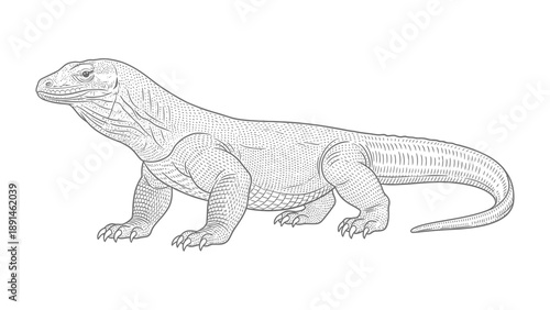 Komodo Dragon Illustration: A detailed sketch of a formidable Komodo Dragon, showcasing the intricate textures and scale of the apex predator, isolated on a clean background.
