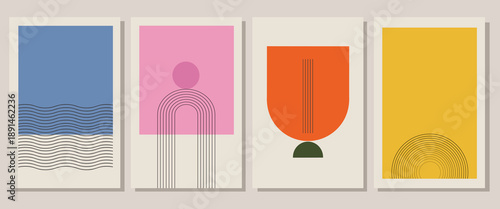 Set of four trendy abstract geometric posters featuring minimalist shapes, arches, waves, and a retro color palette for modern wall art decor.