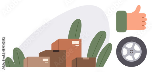 Packaging, transportation services, delivery efficiency, eco-friendly shipping, customer satisfaction, online orders. Group of cardboard boxes with greenery, a thumbs-up gesture, and a wheel