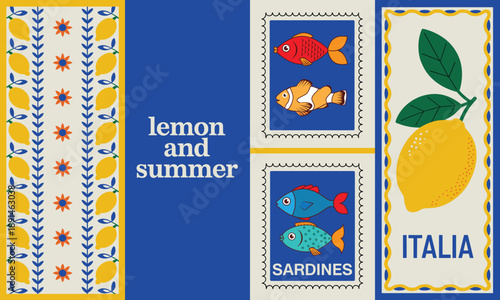 Retro Italian Summer Travel Collage featuring Bright Yellow Lemons, Marine Life Postage Stamps, and Mediterranean Tile Patterns.