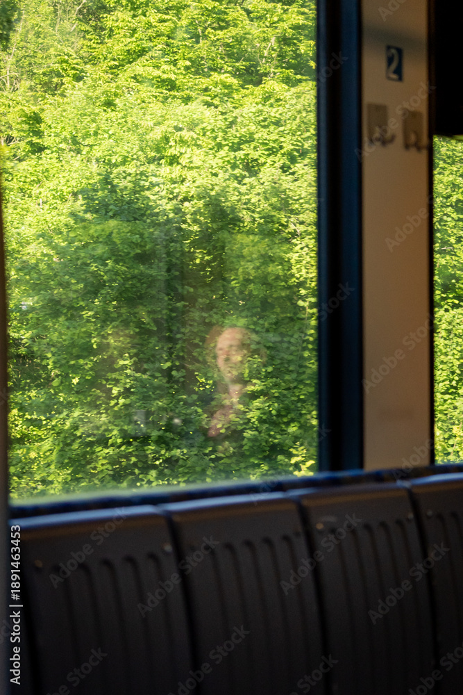 Fototapeta premium Passenger train window with reflection and lush green vegetation passing by, tranquil commute and sustainable transportation theme.