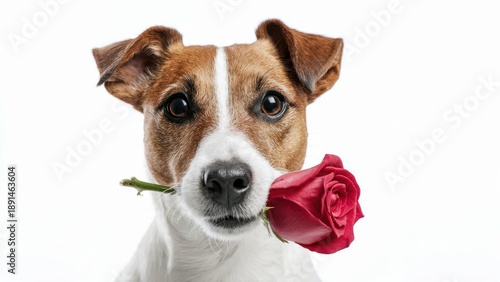 Adorable dog with red rose celebrating Valentine's Day