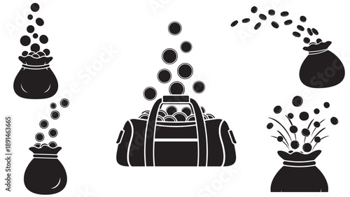 Solid Silhouette Money Bag With Coins Spilling Upward Representing Wealth Transfer, Cash Inflow And Savings Growth