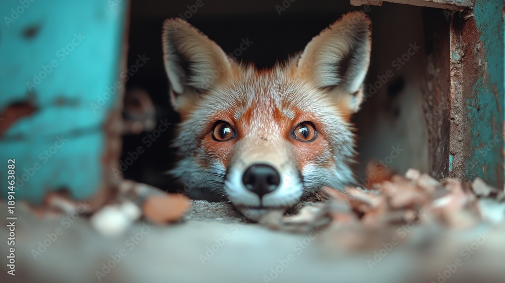 Fototapeta premium An adorable close-up of a fox's face peeking through a hole, displaying curiosity and warmth in its expressive eyes, emphasizing the beauty of wildlife and nature.