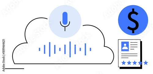 Cloud with sound wave and microphone, dollar icon, and profile document with ratings. Ideal for voice recognition, cloud storage, finance tech, job ratings, AI tools, digital data and user