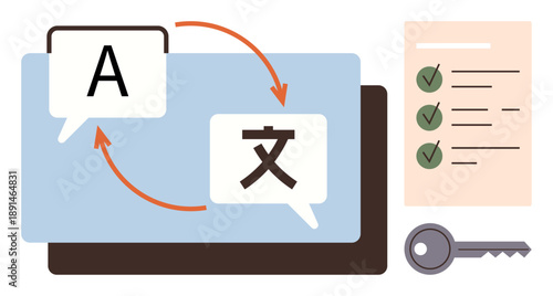Language learning, communication tools, global networking, document translation, security features, multilingual support. Speech bubbles with arrows, checklist and key. Language learning