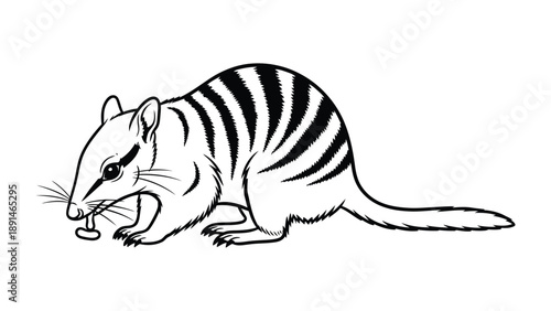 Striking Numbat: A detailed black and white illustration of a unique numbat, showcasing its distinctive striped coat and elegant form.