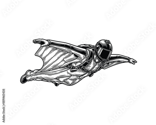 Wingsuit skydiver flying vector engraving man in flight suit extreme sport icon