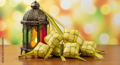 Traditional Arabic lantern and ketupat rice cakes on a wooden table with bokeh lights, perfect for Ramadan and Eid greetings