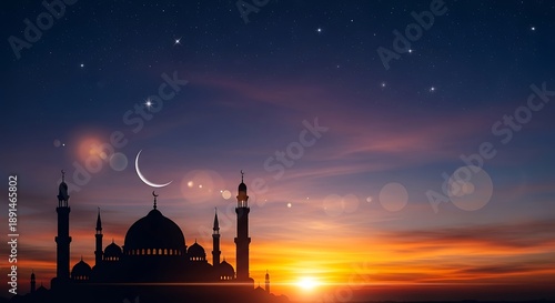 Silhouette of a grand mosque and minarets under a twilight sky with a crescent moon and stars, symbolizing Islamic faith and Ramadan nights