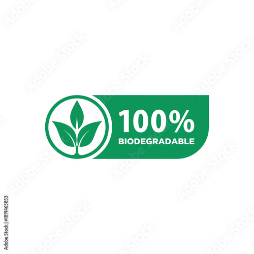 Green badge displaying 100 biodegradable with a leaf illustration
