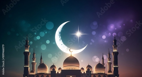 Panoramic silhouette of multiple Islamic mosques and minarets against a vast night sky filled with a large moon and twinkling stars