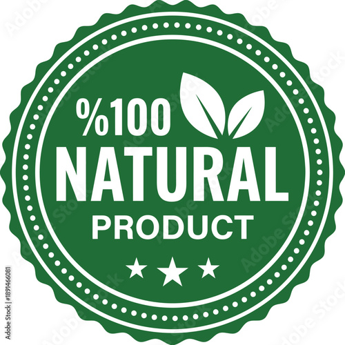A green circular seal proclaims a product is 100 natural with leaf imagery