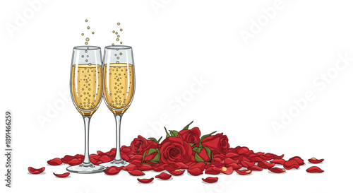Elegant pair of sparkling champagne glasses standing beside a pile of deep red roses and scattered petals.