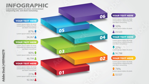 6-Step 3D Floating Block Infographic Template. Vector Presentation Slide with Layered Isometric Platforms, Percentage Growth Indicators, and Statistical User Data