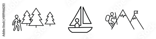 Minimal Outdoor Adventure Line Icons Set Hiking Sailing Climbing