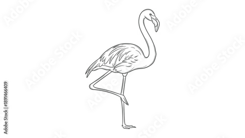 Flamingo sketch in profile: An elegant flamingo stands gracefully, captured in a detailed sketch. The image showcases the bird's unique posture, highlighting its long legs and curved neck.