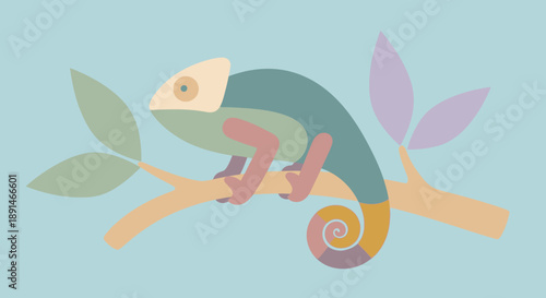 Colorful cartoon chameleon perched on a branch with leaves.