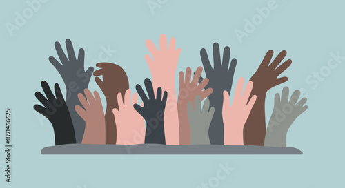 Diverse group of raised hands in various skin tones and colors.