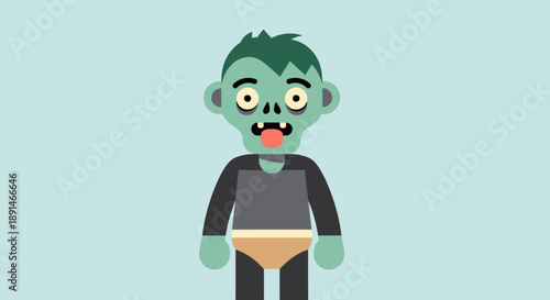 Cartoon zombie character with green skin and frightened expression.