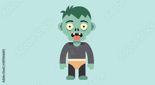 Cartoon zombie character with green skin and frightened expression.