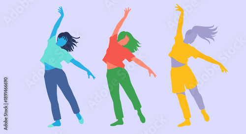 Three women dancing together in colorful outfits.