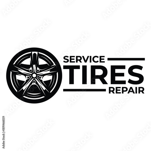 Black and white tire service logo with wheel and text elements