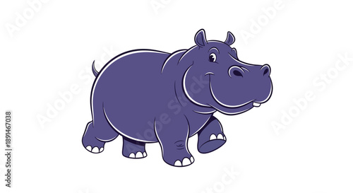 A cartoon illustration of a purple hippopotamus walking with a happy expression.