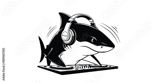 A cool shark wearing headphones is mixing music on a DJ turntable, ready to party.