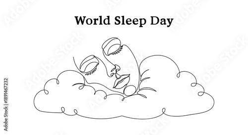 Charming and minimalist vector illustration featuring a serene sleeping face resting comfortably on a soft cloud, perfect for World Sleep Day campaigns, wellness blogs, and relaxation-themed designs