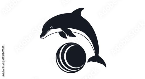 A dark silhouette of a dolphin jumps over a dark ball with white stripes.