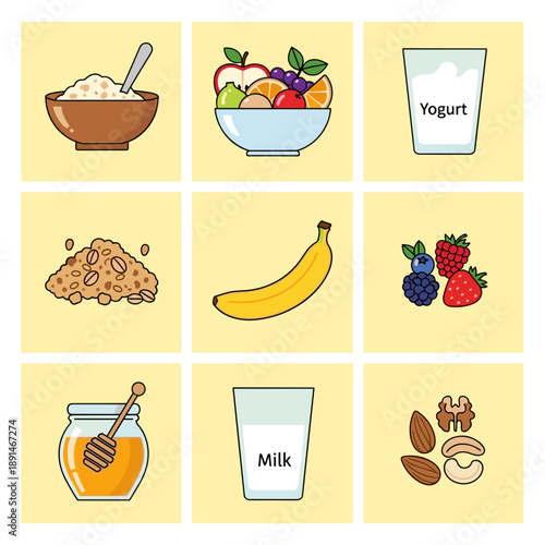 Healthy breakfast food icons for nutritious meal planning