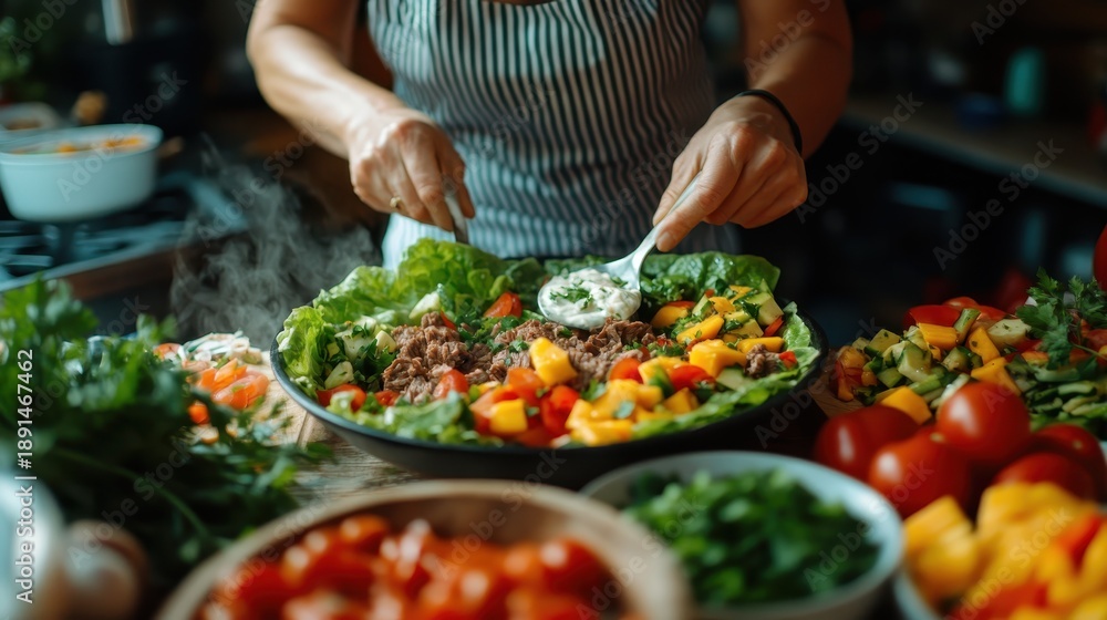 Obraz premium A chef skillfully assembles a colorful salad filled with fresh fruits, vegetables, and rich garnishes, symbolizing health, vitality, and the culinary arts in an engaging kitchen scene.