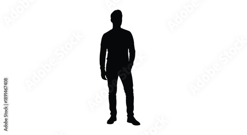 A silhouette of a person stands with one hand in their pocket against a white background.