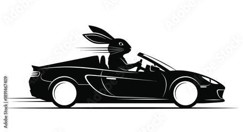 A black silhouette of a rabbit driving a convertible sports car with motion blur.