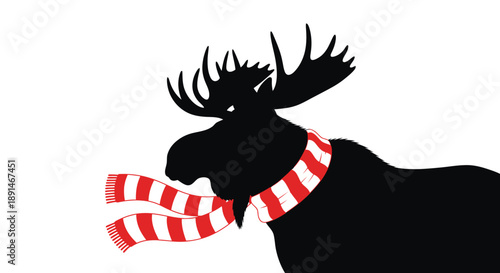 A black silhouette of a moose wearing a red and white striped scarf against a white background.
