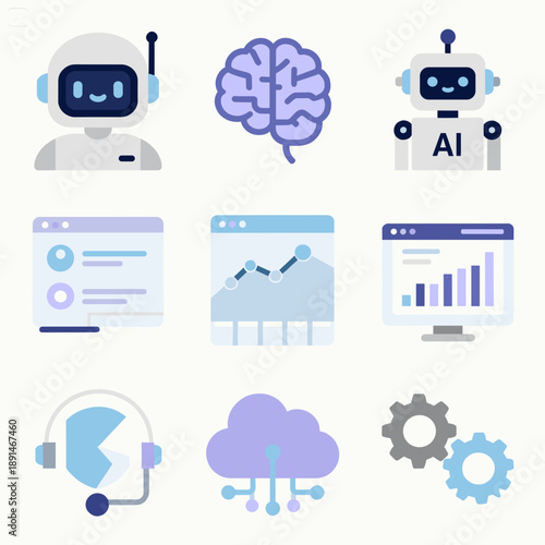 AI technology icons set with robot and analytics