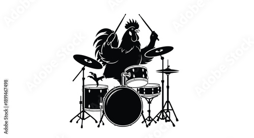 A black silhouette of a rooster enthusiastically playing a drum set against a white background.