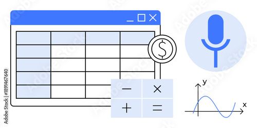 Financial analysis, data management, digital tools, budgeting, audio commands, statistics. A spreadsheet, calculator functions graph and a microphone icon. Financial analysis and data management